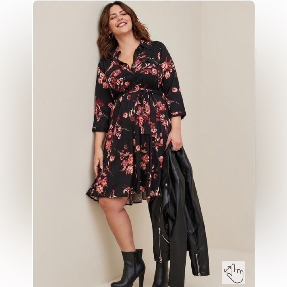 Torrid Sz 1 (1X) Mini Challis Zip-Front Shirt Dress Black Floral Flowers